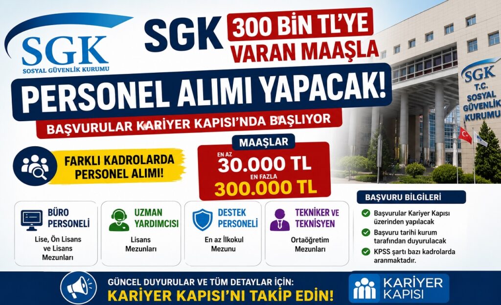 SGK 300 Bin TL’ye Varan Maaşla Personel Alımı Yapacak! Başvurular Kariyer Kapısı’nda Başlıyor